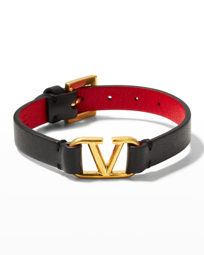 Shop Valentino Antiqued Brass Logo Leather Bracelet In Blackred