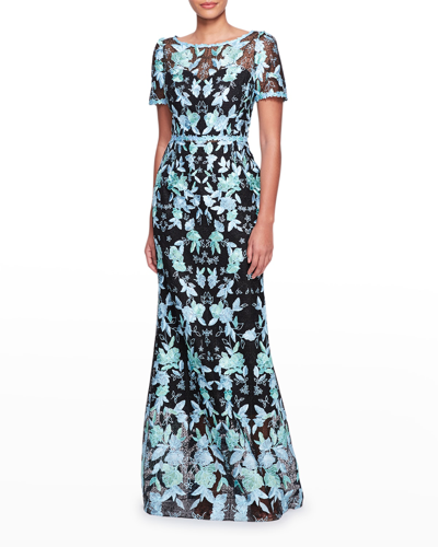 Shop Marchesa Notte Floral-embroidered Tulle Trumpet Gown In Navy