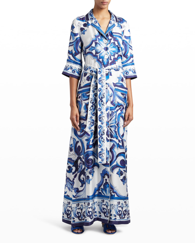Shop Dolce & Gabbana Foulard-print Belted Silk Twill Long Robe In Naturalwhi