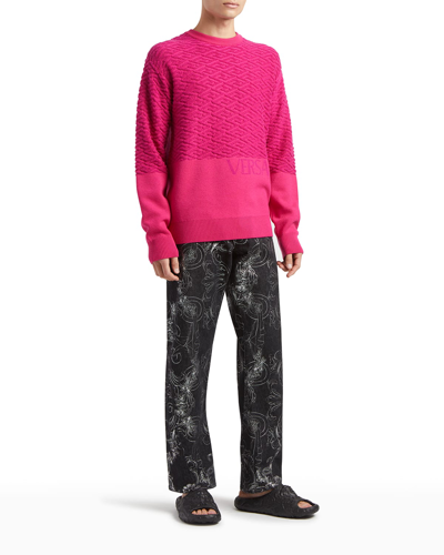 Shop Versace Men's Greca Knit Sweater In Fuxia