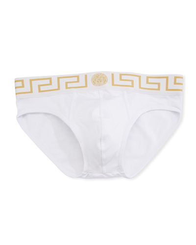 Shop Versace Greek Key Low-rise Briefs In White/gold