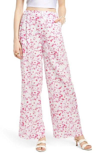Open Edit Wide Leg Linen Blend Pants In Pink Magenta Sketch Floral
