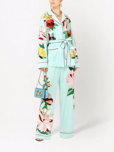 Shop Dolce & Gabbana Floral Applique Pajama-style Top In Blue