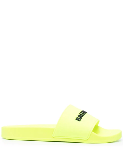Shop Balenciaga Logo Pool Slide Sandals In Yellow