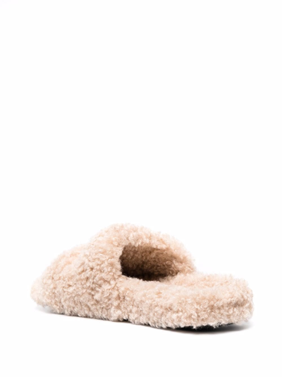 Balenciaga Furry Logo-embroidered Faux Shearling Slides In Beige