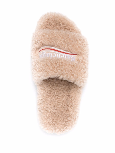 Balenciaga Furry Logo-embroidered Faux Shearling Slides In Beige