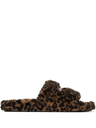 Shop Balenciaga Furry Leopard Print Slides In Brown