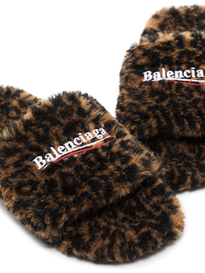 Shop Balenciaga Furry Leopard Print Slides In Brown