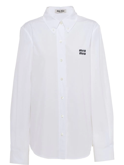 Shop Miu Miu Button-down Embroidered-logo Poplin Shirt In White