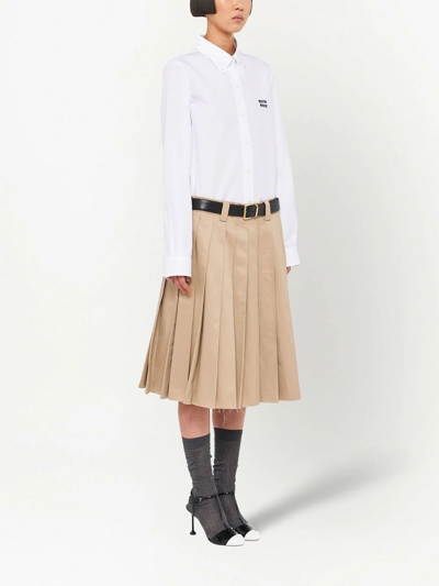 Shop Miu Miu Button-down Embroidered-logo Poplin Shirt In White
