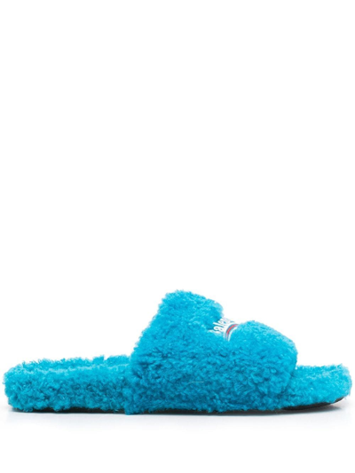 Shop Balenciaga Furry Faux-shearling Slides In Blue