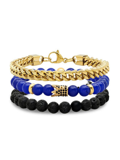 Shop Anthony Jacobs Men's 3-piece 18k Goldplated, Simulated Black Diamond, Blue Agate & Black Lava Bracelet Set