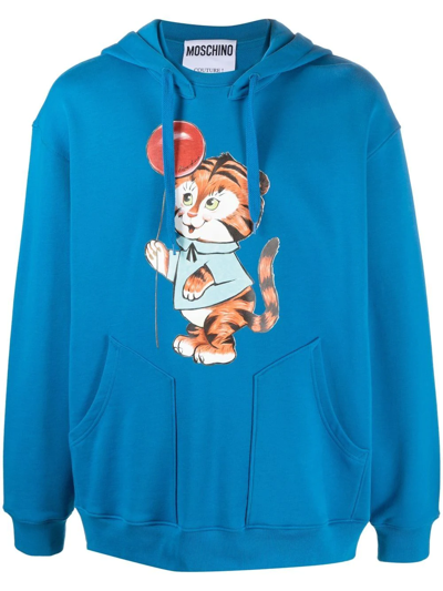 Shop Moschino Graphic Print Drawstring Hoodie In Blue