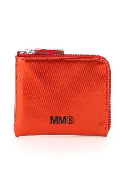 Shop Mm6 Maison Margiela Metallic Effect Zipped Wallet In Red