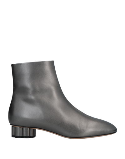 Ferragamo Ladies Briza Grey Flower Heel Metallic Ankle Boots In Steel Grey