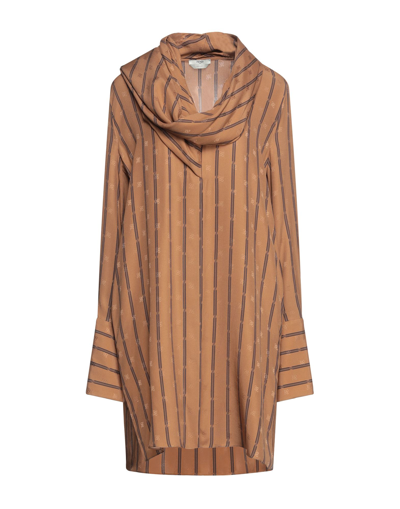 Shop Fendi Woman Mini Dress Camel Size 4 Silk In Beige