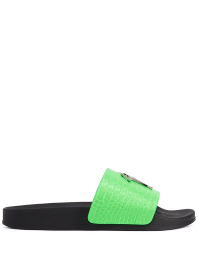 Shop Giuseppe Zanotti Brett Crocodile-effect Leather Slides In Green