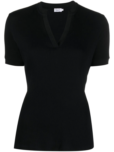 Shop Filippa K Ribbed-knit Polo T-shirt In Black