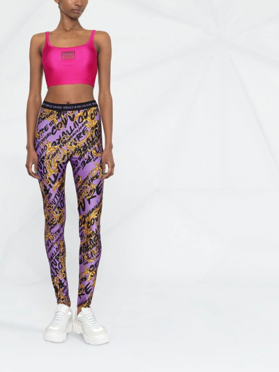 Shop Versace Jeans Couture Logo-print Baroque-pattern Leggings In Purple