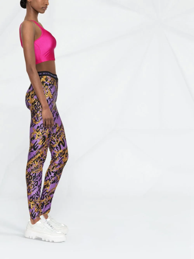 Shop Versace Jeans Couture Logo-print Baroque-pattern Leggings In Purple