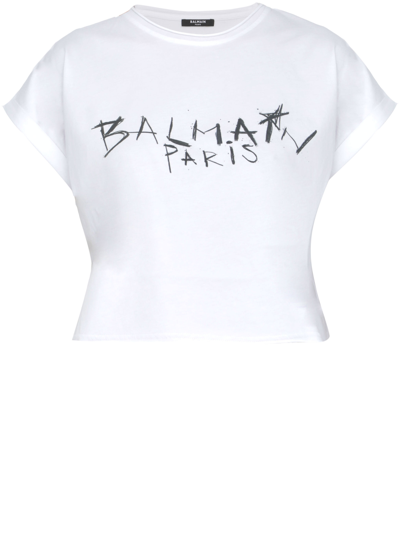 Shop Balmain Cropped T-shirt With Logo In White