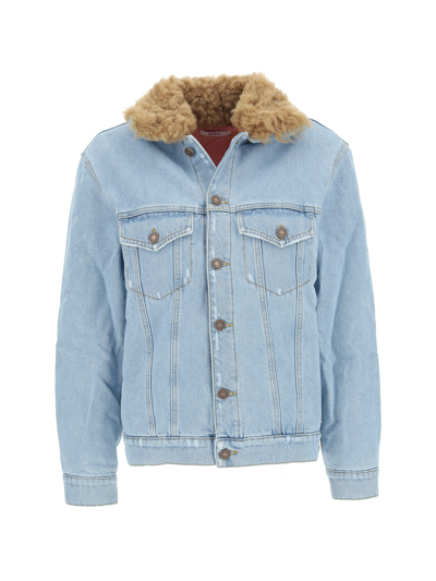 Erl Fur-collared Denim Jacket In Light Blue