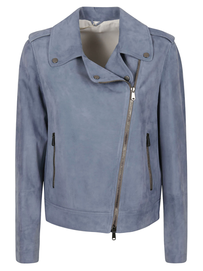 Shop Brunello Cucinelli Regular Fit Zipped Biker Jacket In Dusty Blue