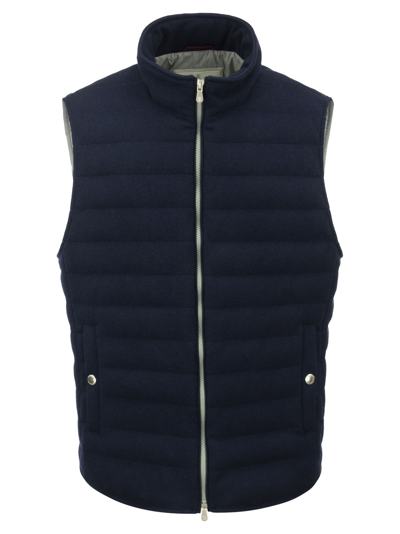 Shop Brunello Cucinelli Cashmere Knit Lightweight Down Vest In Blue