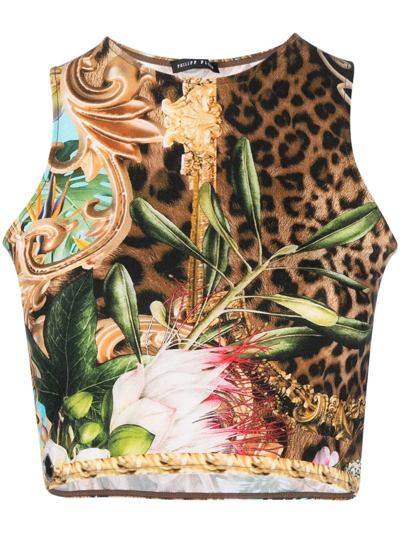 Shop Philipp Plein Baroque-flower Crop Top In Brown