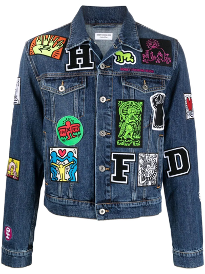 Shop Honey Fucking Dijon X Keith Haring Logo-patch Denim Jacket In Blue
