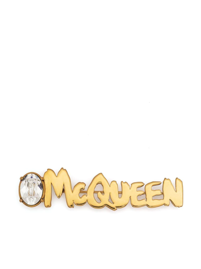Shop Alexander Mcqueen Logo Lettering Brooch In Gold