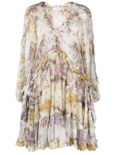 Shop Zimmermann Floral-print Ruffled Dress In Weiss