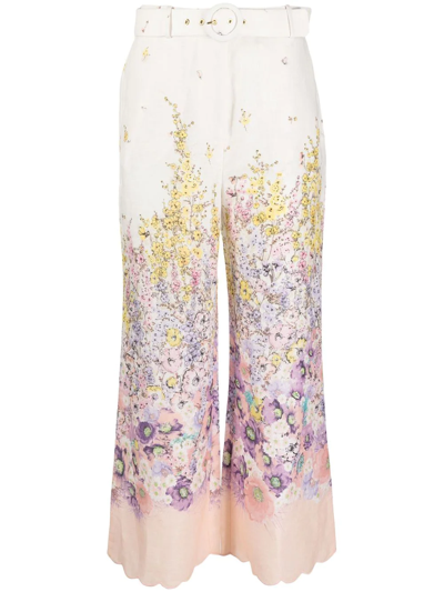 Shop Zimmermann Floral-print Cropped Trousers In Nude