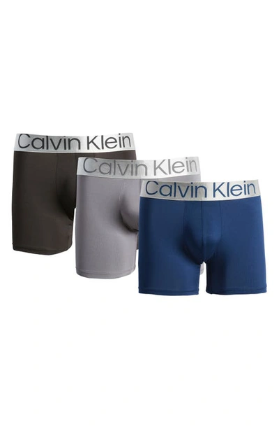 Shop Calvin Klein Reconsidered Steel 3-pack Stretch Boxer Briefs In Black/ Grey/ Blue