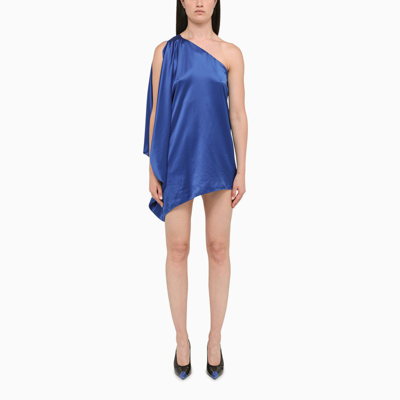 Shop Saint Laurent Blue Silk One-shoulder Dress