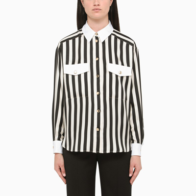 Shop Saint Laurent Black And White Striped Silk Shirt