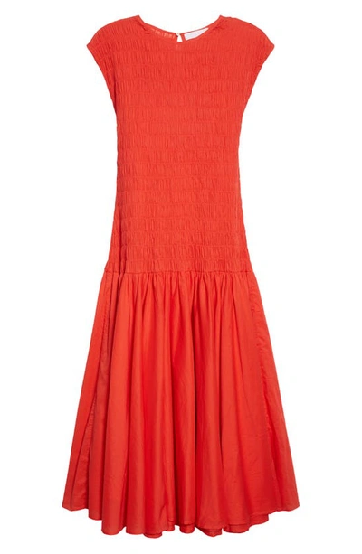 Shop Merlette Stijl Smocked Dropped Waist Cotton Voile Midi Dress In Poppy