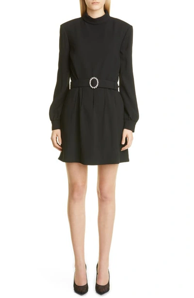 Shop Saint Laurent Mock Neck Belted Long Sleeve Minidress In Noir