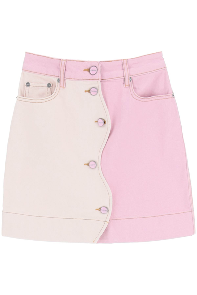 Shop Ganni Two-tone Denim Mini Skirt In Pink