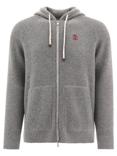 Shop Brunello Cucinelli Logo Embroidered Zipped Cardigan In Grey