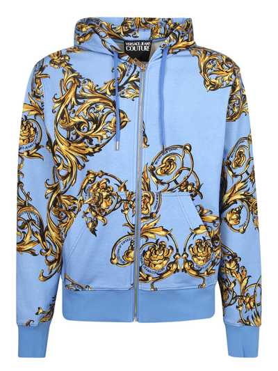 Shop Versace Jeans Couture Baroque Print Zipped Hoodie In Blue