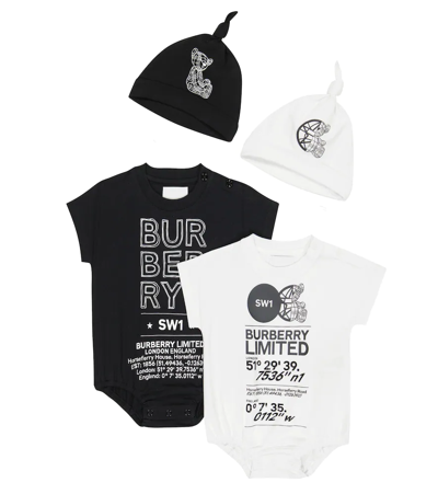 Shop Burberry Baby Set Of 2 Cotton-blend Bodysuit And Beanies In Black