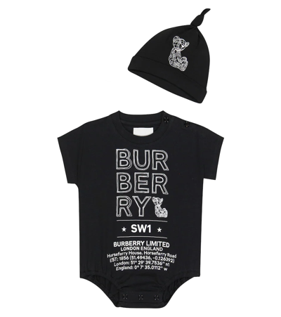 Shop Burberry Baby Set Of 2 Cotton-blend Bodysuit And Beanies In Black