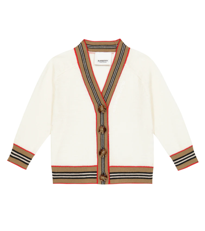 Shop Burberry Baby Icon Stripe Wool Cardigan In Ivory