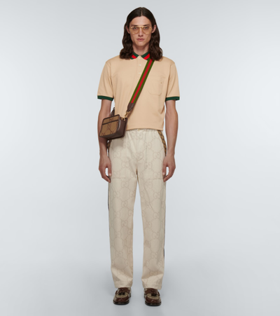 Gucci Cotton Piquet Polo With Web Collar In Papiro/mix
