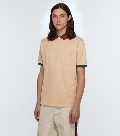 Shop Gucci Web-collar Piqué Polo Shirt In Papiro/mix