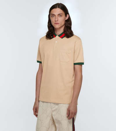 Gucci Cotton Piquet Polo With Web Collar In Papiro/mix