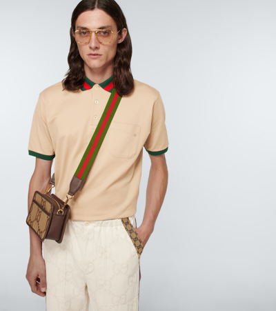 Gucci Cotton Piquet Polo With Web Collar In Papiro/mix
