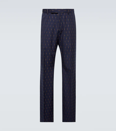 Shop Gucci Horsebit Straight Wool Suit Pants In Bluette/beige