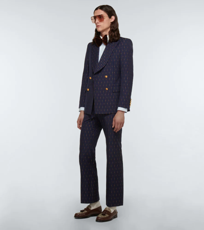 Shop Gucci Horsebit Straight Wool Suit Pants In Bluette/beige